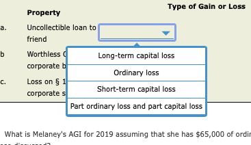 Type of Gain or Loss Property Uncollectible loan to friend Worthless Long-term capital loss corporate b Ordinary loss Loss on