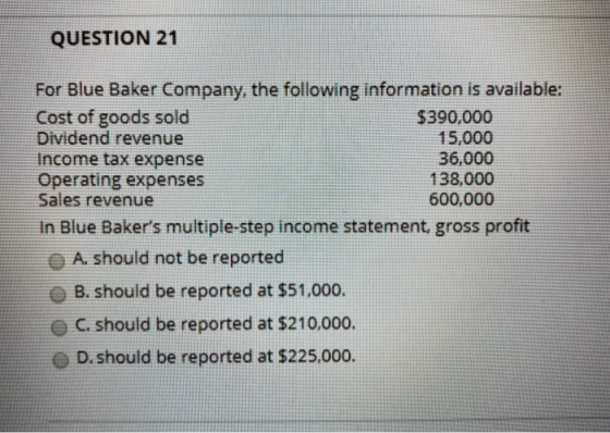 QUESTION 21 For Blue Baker Company, the following information is available: Cost of goods sold $390,000 Dividend revenue 15,0