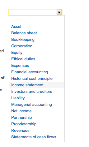 Asset Balance sheet Bookkeeping Corporation d Equity Ethical duties Expenses Financial accounting of Historical cost principle Income statement Investors and creditors Liability Managerial accounting Net income Partnership Proprietorship Revenues Statements of cash flows
