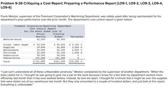 Problem 9-26 Critiquing a Cost Report; Preparing a Performance Report [LO9-1, LO9-2, LO9-3, LO9-4, LO9-6] Frank Weston, super
