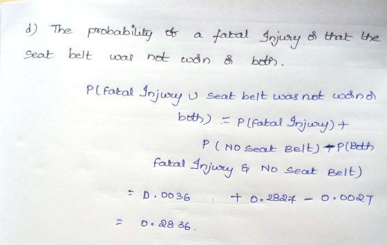 d) The probabiuihy a fatal Seat belt uns net cod n 8, both P( fatal Snjun No Sect Belt)ナPLB th fatal njary No Seat eelt) F 28 36