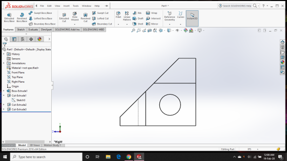 Ssan LIDWORKS File Edit View Insert Tools Window Help Part1 * Search SOLIDWORKS Help Q- ?- - O X 25 m Fillet Extruded Wizard