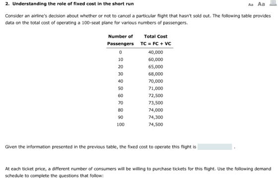 2. Understanding the role of fixed cost in the short run Aa Aa Consider an airlines decision about whether or not to cancel a particular flight that hasnt sold out. The following table provides data on the total cost of operating a 100-seat plane for various numbers of passengers Number of Total Cost Passengers TC FC VC 10 20 30 40 50 60 70 80 90 100 40,000 60,000 65,000 68,000 70,000 71,000 72,500 73,500 74,000 74,300 74,500 Given the information presented in the previous table, the fixed cost to operate this flight is At each ticket price, a different number of consumers will be willing to purchase tickets for this flight. Use the following demand schedule to complete the questions that follovw