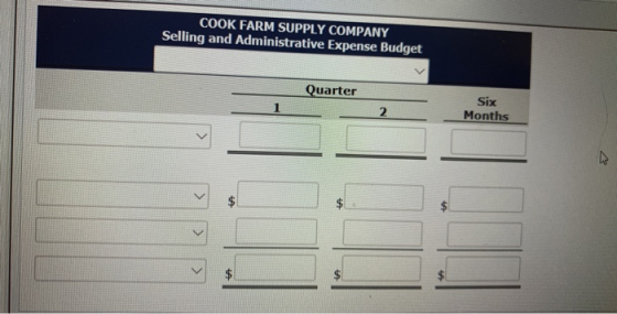 COOK FARM SUPPLY COMPANY Selling and Administrative Expense Budget Quarter 2. Six Months 4 $ > $