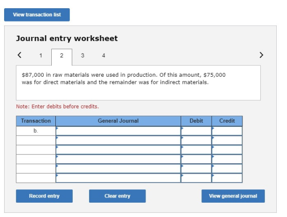View transaction list Journal entry worksheet < 1 3 4 $87,000 in raw materials were used in production. Of this amount, $75,0