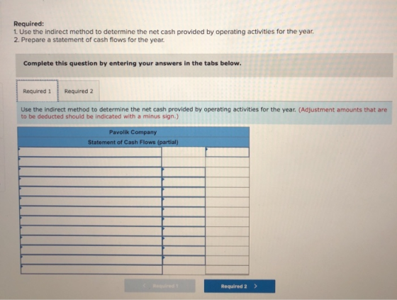 Required: 1. Use the indirect method to determine the net cash provided by operating activities for the year. 2. Prepare a st