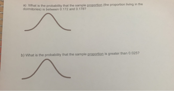 a) What is the probability that the sample proportion (the proportion living in the dormitories) is between 0.172 and 0.178?