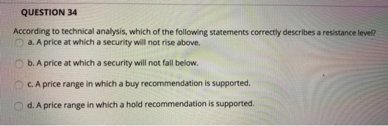 QUESTION 34 According to technical analysis, which of the following statements correctly describes a resistance level? a. A p