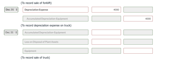 (To record sale of forklift) Dec. 31 4 Depreciation Expense 4000 Accumulated Depreciation Equipment 4000 (To record depreciat