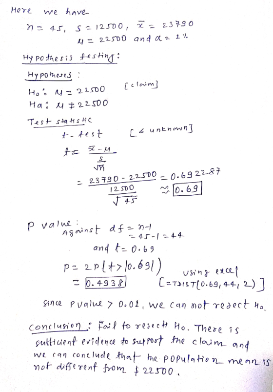 Hore we hnve- Hy pothesij AesHng Hy po theses t- test L u ntnown Vn - 23790-225D0- 0.69 2287 12 SDO 10.63 45 and t- 0.69 Since p Value > 0.01 we can not γQÓect yo.