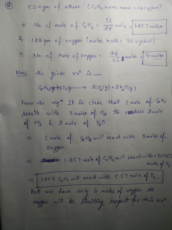 © ogm. olar mass = 28 52 190) ual 32 520gm. of ethere. (G. Hy, molar mass = 28.0 9]pol) = No. of mole of CHu = 2 o mole - 11.