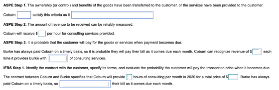 ASPE Step 1. The ownership (or control) and benefits of the goods have been transferred to the customer, or the services have