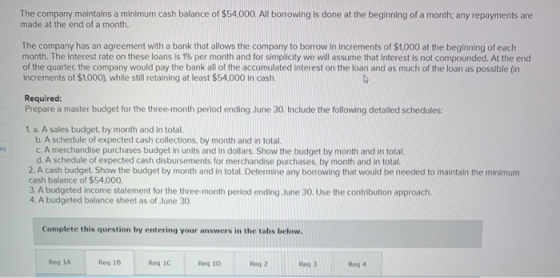 The company maintains a minimum cash balance of $54,000. All borrowing is done at the beginning of a month; any repayments ar