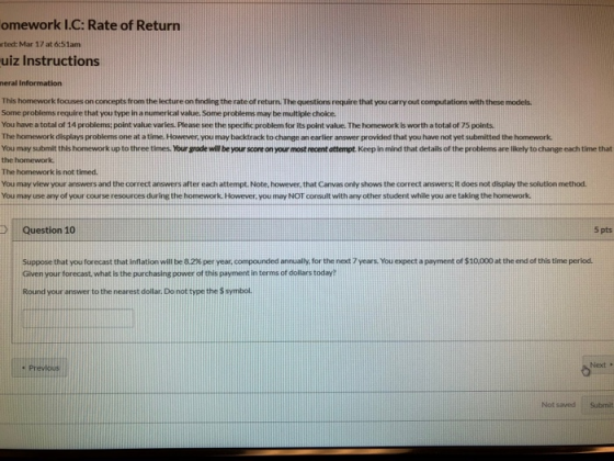 omework I.C: Rate of Return arted: Mar 17 at 6:51am uiz Instructions neral Information This homework focuses on concepts from