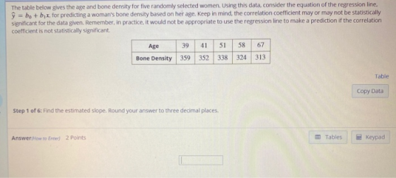 The table below gives the age and bone density for five randomly selected women. Using this data, consider the equation of th