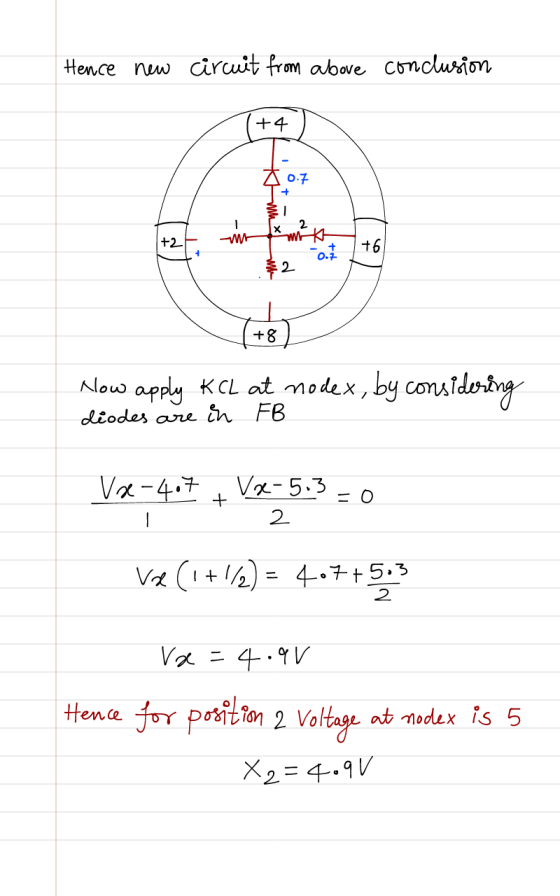 Hence new circuit from above conclusion 1+4 * 0.7 si Voo Now apply KCL at nodex, by considering diodes are En FB VX-407 + VQ-