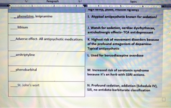Paragraph Styles mign temp, puise, muscle nglary) phenelzine, imipramine I. Atypical antipsychotic known for sedation! Llithi