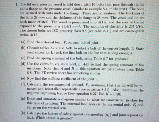 1. The lid on a pressure vessel is held down with 10 bolts that pass through the lid and a flange on the pressure vessel (sim