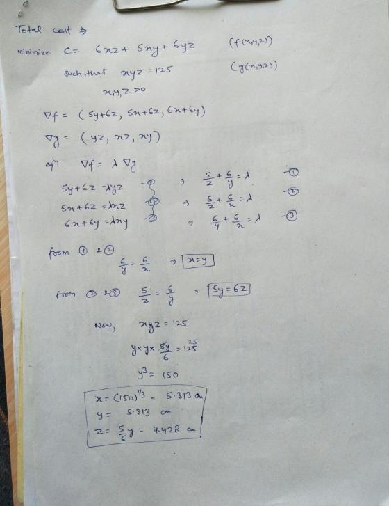Total cost (f(ny,2)) minimize 6azt say + byz (g(2, 2)) such that = 125 ayz 2,4, 2 so If = (5y +62, sn +62, 6utby) = (yz, az,