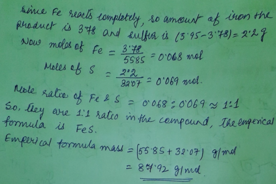 iron the bine re reacts completely so amount of product is 378 and sultor is 15.95-378) = 227 Now moles of fe = 318 = 0.068 m