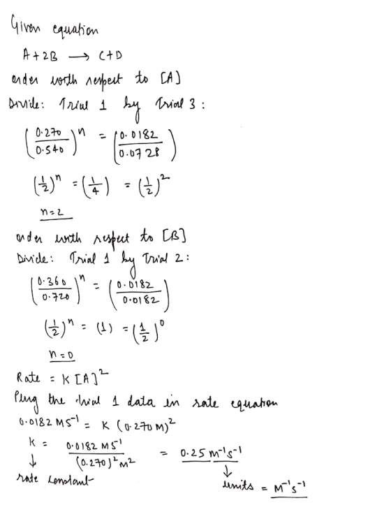 Given equation A+2B → C+D onder with respect to [A] sivile: Trial 1 by Trial 3: (4) = (#) = (+)? M=2 anden with respect to [