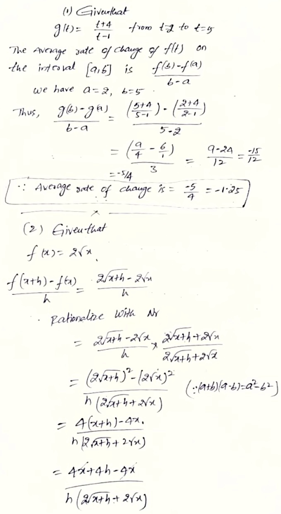 git)= 114 (1) Given that from t-g to th t-1 The average rate of change of f(t) on the interval [a,b] is $12)-a) we have a=2,