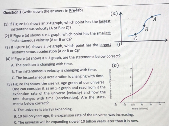Question 1 (write down the answers in Pre-lab) (a) 1 (1) If Figure (a) shows an X-t graph, which point has the largest instan