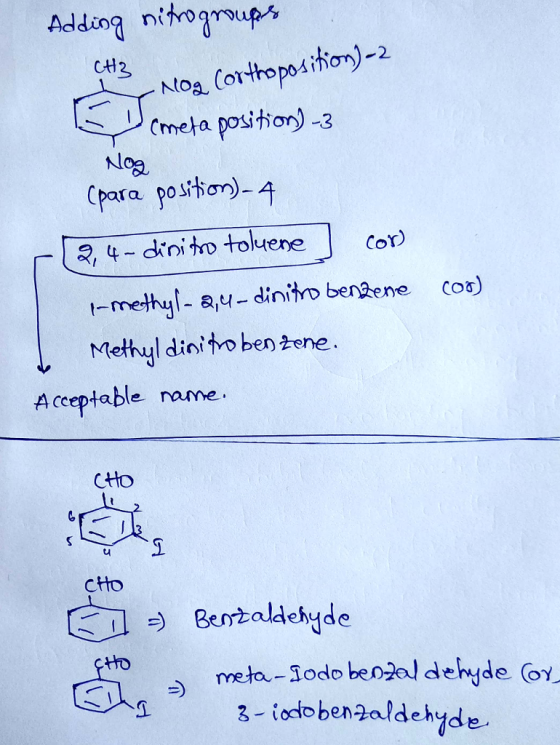 Adding nitrogups CH2 a posiom) t-methyl- au-dinito benzene Methyl dioi to ben żene. Aceptable rame coB) CtHO TO odobenaldeyde