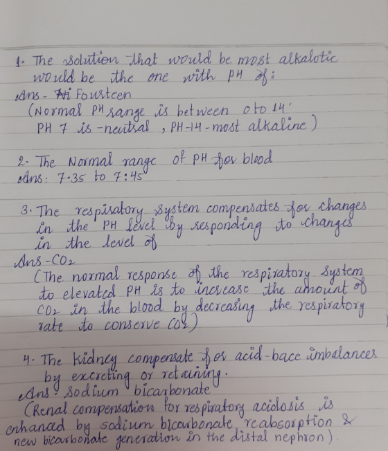 1. The Bolutiom that would be most alkalotic Wo uld be the ene with PH ofi vans - ti Fourteen (NOrmal PH range is between oto