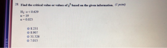 S. Find the critical value or values of χ2 based on the given information. (1 point) Hi: σ < 0.629 n- 19 α 0.025 8.231 8.907