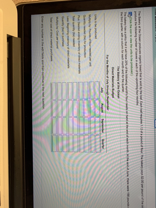 ER(Click the icon to view the units to be produced.) the third quarter, with a column for each month and for the quarter The Bakery at the Ocean Direct Materials Budget Quantity needed (Ibs) for production Quantity (Ibs) to purchase