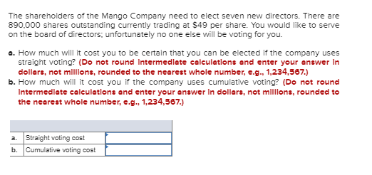 The shareholders of the Mango Company need to elect seven new directors. There are 890,000 shares outstanding currently tradi