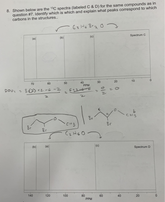 8. Shown below are the 13C spectra (labeled C & D) for the same compounds as in question #7. Identify which is which and expl