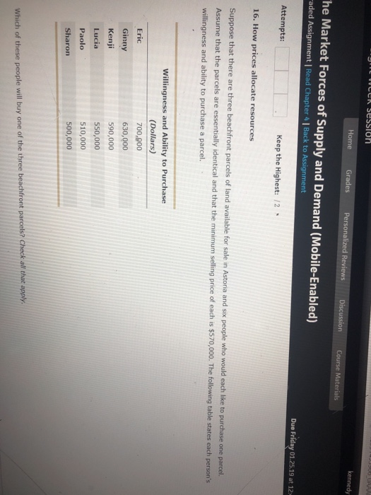 Home GradesPersonalized Reviews Discussion Course Materials he Market Forces of Supply and Demand (Mobile-Enabled) aded Assignment | Read Chapter 4 | Back to Assignment Due Friday 01.25.19 at 12 Attempts: Keep the Highest: 12 16. How prices allocate resources Suppose that there are three beachfront parcels of land available for sale in Astoria and six people who would each like to purchase one Assume that the parcels are essentially identical and that the minimum selling price of each is $570,000. The fllowing table states each persons willingness and ability to purchase a parcel. parcel. Willingness and Ability to Purchase Dollars) 700,900 630,000 590,000 550,000 510,000 500,000 Eric Ginny Kenji Paolo Sharon Which of these people will buy one of the three beachfront parcels? Check all that apply