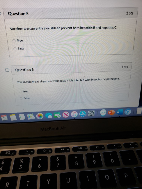 Question 5 1 pts Vaccines are currently available to prevent both hepatitis B and hepatitis C. OTrue O False Question 6 1 pts