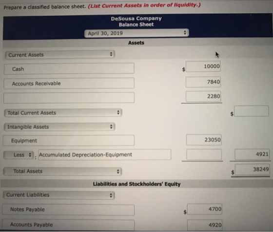 Prepare a classified balance sheet. (List Current Assets in order of liquidity.) DeSousa Company Balance Sheet April 30, 2019