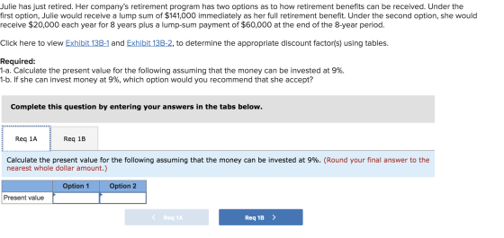 Julie has just retired. Her companys retirement program has two options as to how retirement benefits can be received. Under