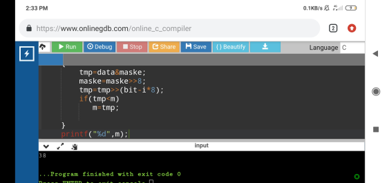 2:33 PM 0.1KB/s & Sull 9 https://www.onlinegdb.com/online_c_compiler 2 Run O Debug Stop Share Save {} Beautify Language C 4 t