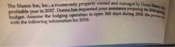 owned and managed by Donna Mason The Mason Inn, Inc., a rooms-only property owned and mana itable year in 20X7. Donna has requested your assistance preparing the ans get. Assume the lodging operation is open 365 days during 20x8. She provides with the following information for 20X8:
