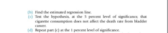(b) Find the estimated regression line. (c) Test the hypothesis, at the 5 percent level of significance that cigarette consum