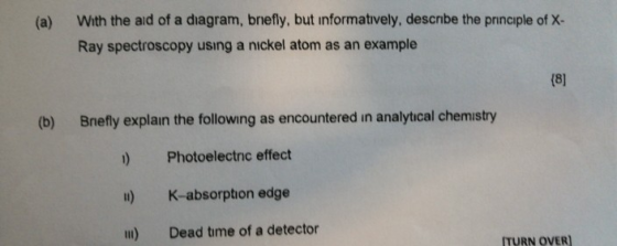 (a) With the aid of a diagram, briefly, but informatively, describe the principle of X- Ray spectroscopy using a nickel atom