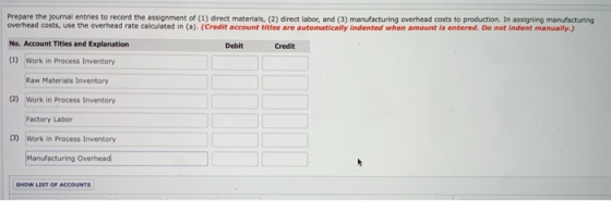 Prepare the journal entries to record the assignment of (1) direct materials, (2) direct labor, and (3) manufacturing overhea