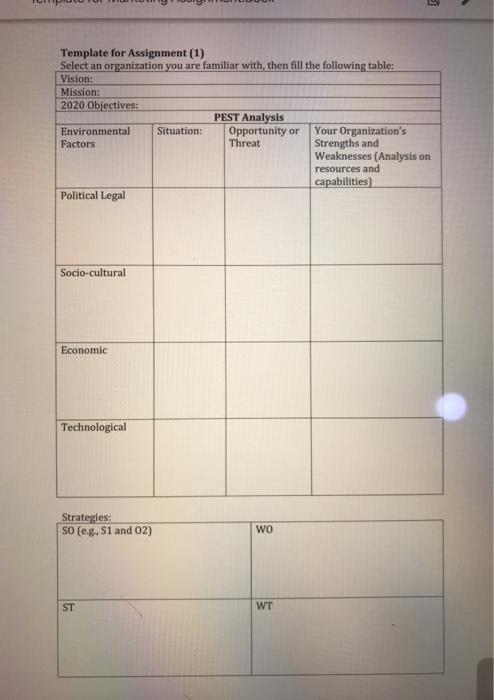 Template for Assignment (1) Select an organization you are familiar with, then fill the following table: Vision: Mission: 202