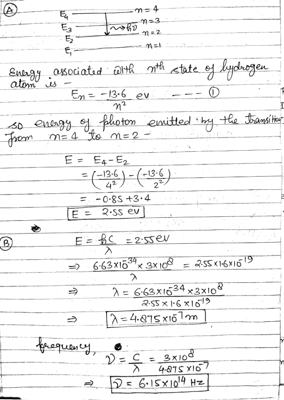 (A m= 4 n=3 E4 Ez E2 E who n = 2 Energy associated with oth state of hydrogen atom is En = -13-6 en 0 n² so energy of falioto