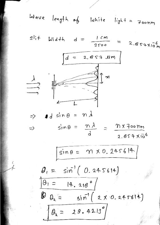 LJave length of 4hite 700mm slit Width 2.8S 0 m 3 So o 2. e S m Ad sine nx00 nm sine 2.6S4x106 sin e nxo. 24S6 14 sin 0. 2456