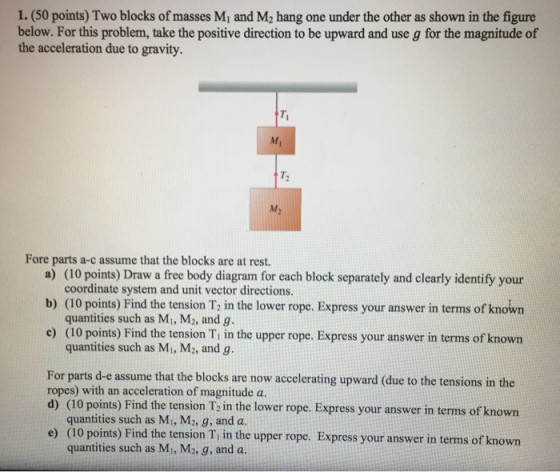 1.(50 points) Two blocks of masses Mi and M2 hang one under the other as shown in the figure below. For this problem, take the positive direction to be upward and use g for the magnitude of the acceleration due to gravity 72 Fore parts a-c assume that the blocks are at rest. (10 points) Draw a free body diagram for each block separately and clearly identify your a) b) (10 points) Find the tension T2 in the lower rope. Express your answer in terms of known e) (10 points) Find the tension Ti in the upper rope. Express your answer in terms of known coordinate system and unit vector directions. quantities such as Mi, M2, and g- quantities such as Mi, Ms, and g. For parts d-e assume that the blocks are now accelerating upward (due to the tensions in the ropes) with an acceleration of magnitude a. d) (10 points) Find the tension T2 in the lower rope. Express your answer in terms of known e) (10 points) Fi quantities such as Mi, M2, g, and a nd the tension T, in the upper rope. Express your answer in terms of known quantities such as Mi, M. 9, and a.