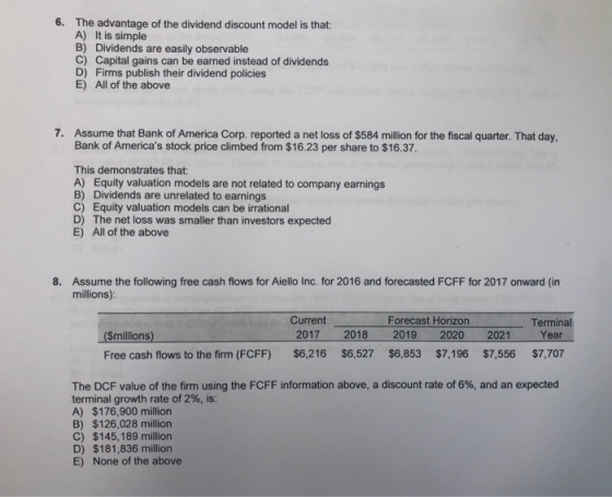 6. The advantage of the dividend discount model is that: A) It is simple B) Dividends are easily observable C) Capital gains