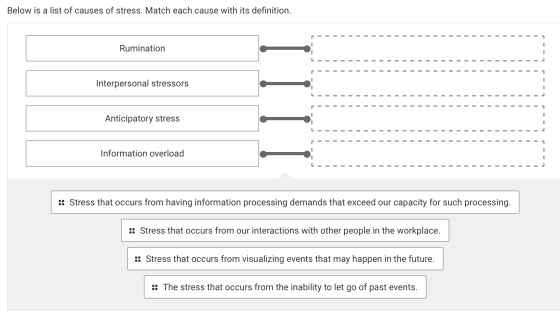 Below is a list of causes of stress. Match each cause with its definition. Rumination Interpersonal stressors Anticipatory st