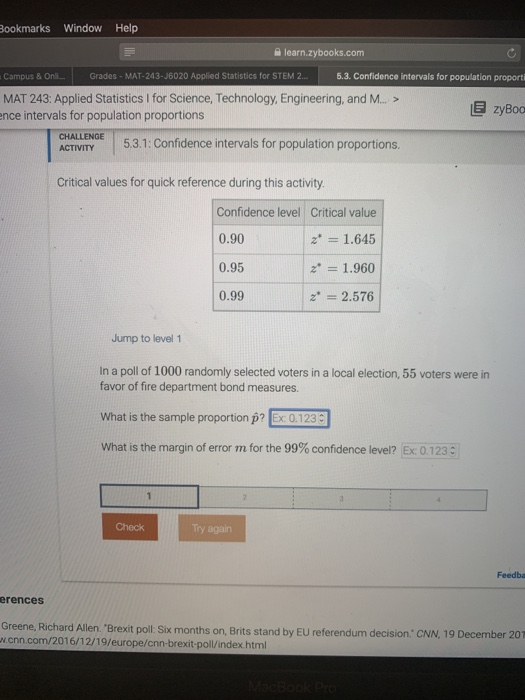 Bookmarks Window Help learn.zybooks.com Campus & Onli... Grades - MAT-243-J6020 Applied Statistics for STEM 2... 5.3. Confide