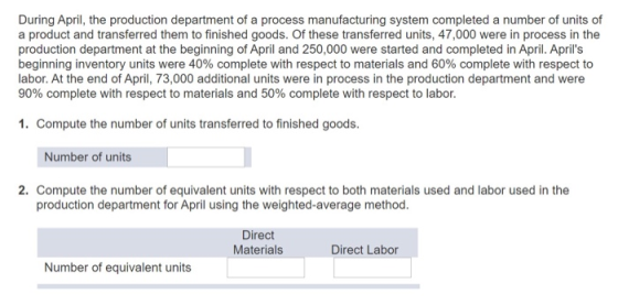 During April, the production department of a process manufacturing system completed a number of units of a product and transf